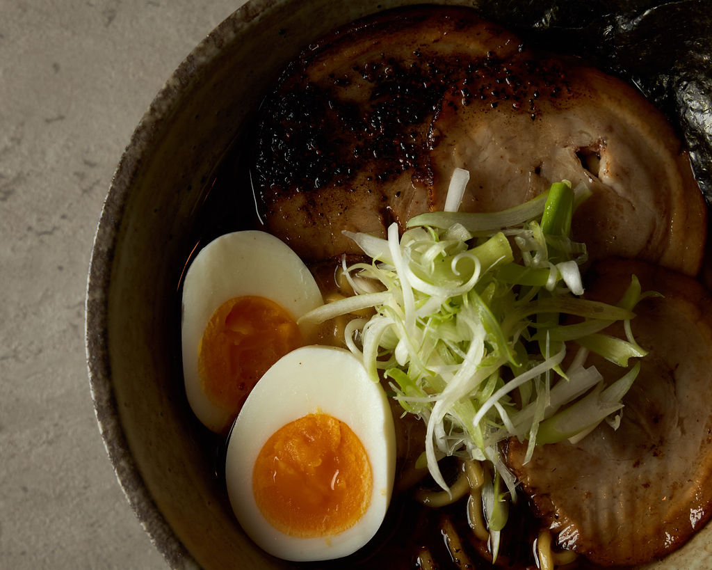 Ramen bowl with soft egg and bamboo shoots